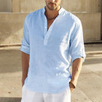 Camisa Casual Para Hombre Algodón Lino Manga Larga Cuello En Pie Moda Ajustada Top Hermoso Para El Hogar Y Compras - details 2