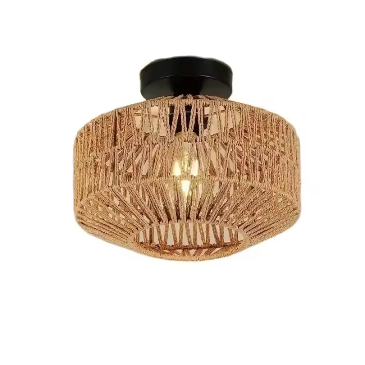 Lámpara De Techo Clásica Hecha a Mano Lámpara Decorativa De LED De Rattan Para Sala De Estar Dormitorio Estudio Color Oliva Marrón - 1