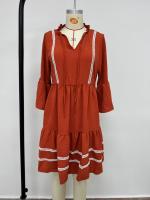 Vestido De Encaje Casual Sencillo De Color Sólido Con Cuello En V Y Mangas Bell Sleeves Plisadas De Polyester Para Mujer - details 4
