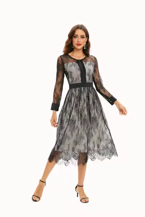 Vestido Largo De Mujer Negro Con Manga Completa Estilo O-Neck Lace A-Line Vestido Casual De Verano Para Mujer - 1