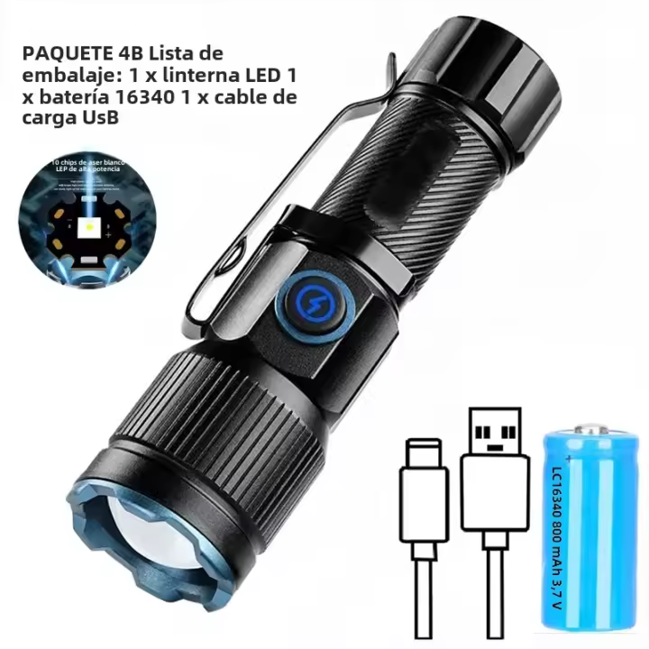 Linterna Portátil Recargable Zoom White Beam Light De Larga Distancia Tipo-C USB Para Exteriores Y Hogar Material De Aluminio Luz LED Impermeable - 1