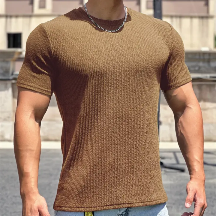Camiseta De Algodón Para Hombre Verano 2024 Manga Corta Cuello Redondo Estilo Casual Color Sólido Camiseta Transpirable Para Uso Diario - 1