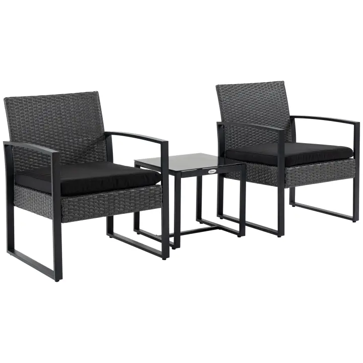 Outsunny Conjunto de Muebles de Ratán de Jardín 3 Piezas Set de Comedor con 1 Mesa 42,5x40x39 cm 2 Sillones 63x57x76 cm Cojín Acolchado para Patio Terraza Balcón - 1