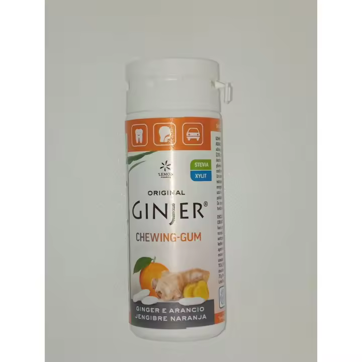 Chicle de Jengibre Ginjer Sin Azúcar, Aspartamo y Gluten - Endulzado con Stevia y Xilitol - Ideal para Dientes y Encías - Vegano - Sabor a Naranja 40g - 1