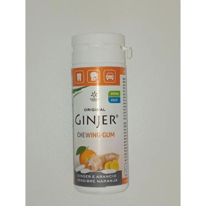 Chicle de Jengibre Ginjer Sin Azúcar, Aspartamo y Gluten - Endulzado con Stevia y Xilitol - Ideal para Dientes y Encías - Vegano - Sabor a Naranja 40g - 1