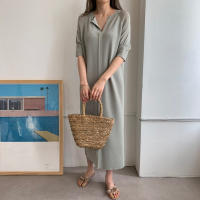 Vestido Largo De Verano Para Mujer REALEFT Estilo Coreano Casual Suelto Con Cuello En V Manga Larga Color Sólido Vestido Midi - details 1