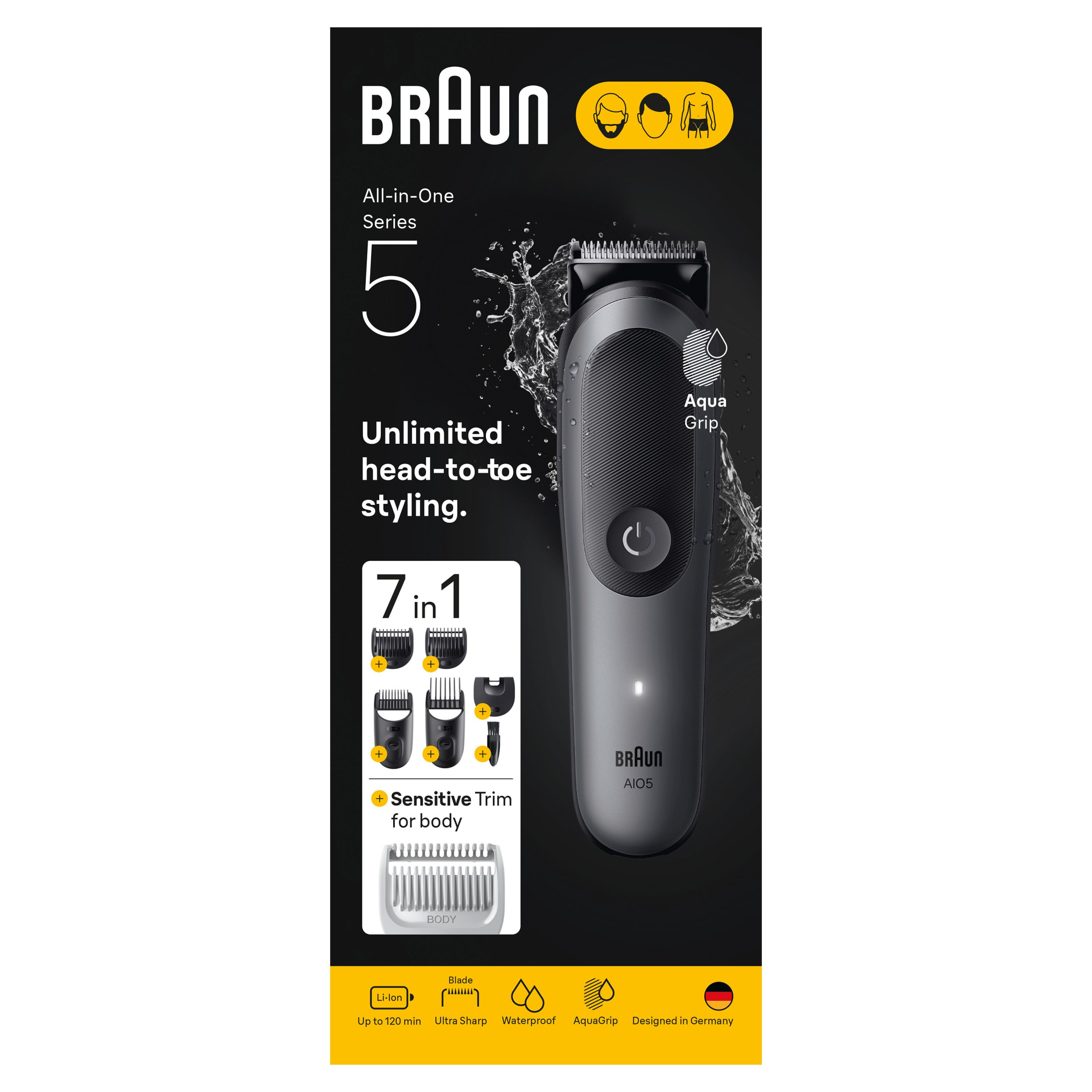 Braun Recortadora Todo En Uno Series 5, AIO5560 Kit 11en1 y AIO5520 Kit 7en1. Kit de Styling para Barba, Pelo, Orejas, Nariz y Cuerpo, 120 Min, Cortapelos Hombre Con Lámina Ultra Afilada, Recorte Preciso y Eficiente. Producto Europeo con Garantía Oficial.
