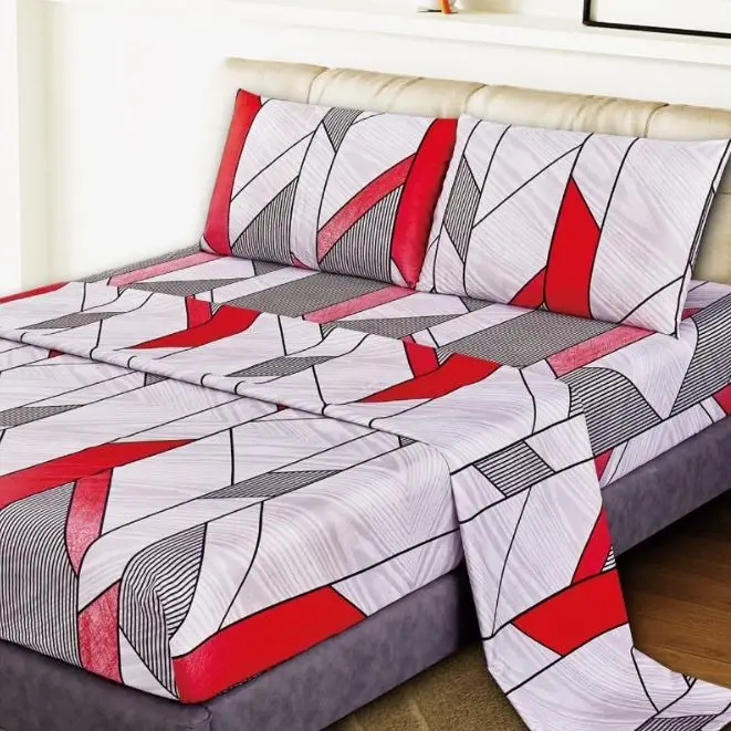 Juego de Sábanas Abstractas con Rayas Rojas, Lila y Negras - Diseño Geométrico Moderno | 3/4 Piezas (Sábana Ajustable + Funda Nórdica + 1-2 Fundas Almohada) | Tallas 90/135 cm (3pz) y 150 cm (4pz) | Tejido Poliéster Ultra Suave Antipilling - 1