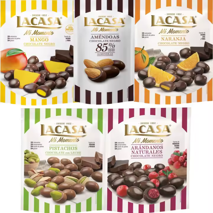 Lacasa Mi Momento pack de 5:Almendra 85% 65G,Arándano choco Negro 125G,Naranja choco Negro 125G,Pistacho Leche 100G,Mango choco Negro 115G - 1