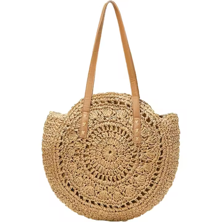Bolsos de paja para Mujer, tejido a mano, redondo, Bolsas de paja de maíz natural, elegant, Large, para Verano, Playa, Bolsa de hombre con ASA Tejida - 1