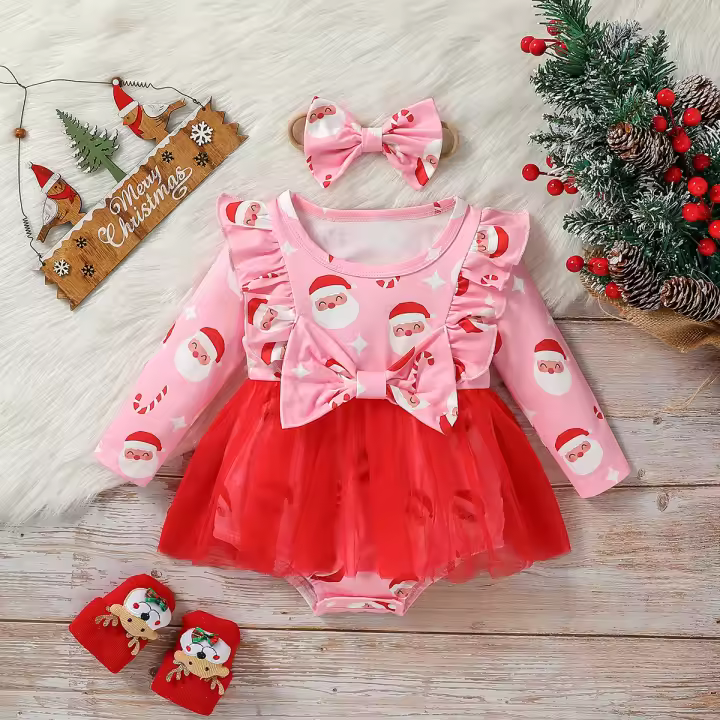 Vestido De Navidad Para Bebé Niñas Con Estampado De San Nicolás Y Manga Larga Estilo Activo Para Otoño Composición 96% Poliéster 4% Elástico - 1