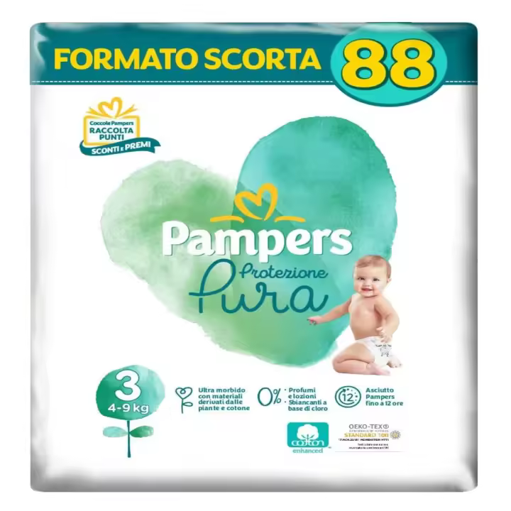Pañales Pampers Pure Protection (Naturello) - 0% Fragancia - Talla 3 (4-9 Kg) - Paquete de 88 - Protección Seca - 1