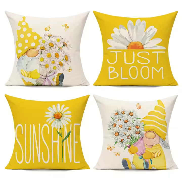 4pcs Modern Sunflower Gnome Cartoon Pillow Covers, Polyester Linen Blend, Machine Washable, Zipper Closure, Woven Decorative Cushion Covers for Living Room - 1