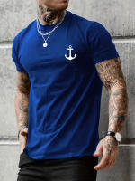 Camiseta De Algodón 100% Para Hombre Con Patrón De Ancla Casual Deportiva Ajustada Con Mangas Cortas Cuello Redondo - details 1