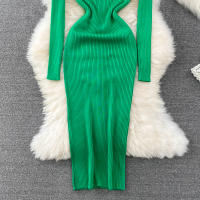 Vestido Largo A-Line Elegante De Cintura Alta Con Escote En V Para Mujer REALEFT Knitted Wrap Vestido De Poliéster Otoño Invierno - details 22