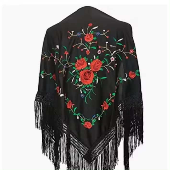 ANUKA Mantón Flamenco Triangular Negro Bordado Rojo/Verde 150x70cm - 1