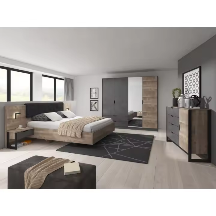 Vente-unique - Conjunto cama con mesas de noche 160 x 200 + Cómoda + Armario - Color: natural y antracita - LAONILE - 1