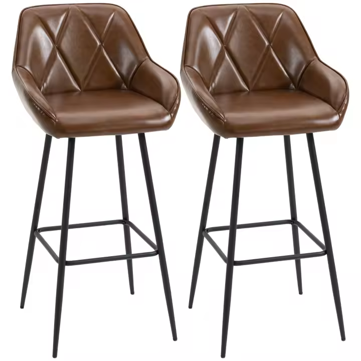 HOMCOM Juego de 2 Taburetes Altos de Cocina Taburetes de Bar Tapizado en PU con Respaldo Alto Patas de Acero y Reposapiés para Comedor Carga 120 kg 50x47,5x102,5 cm Marrón - 1
