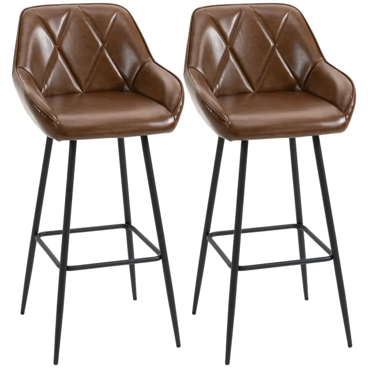 HOMCOM Juego de 2 Taburetes Altos de Cocina Taburetes de Bar Tapizado en PU con Respaldo Alto Patas de Acero y Reposapiés para Comedor Carga 120 kg 50x47,5x102,5 cm Marrón - 1