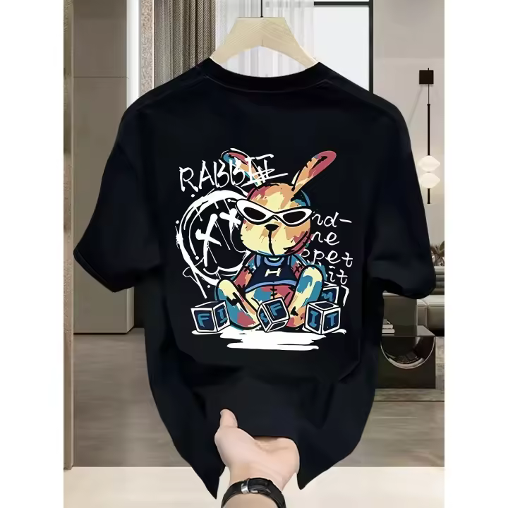 Men's Trendy Cotton Graphic T-Shirt - Black Rabbit Design, Loose Fit, Short Sleeve, Casual Summer Tee for Casual Attire - 1