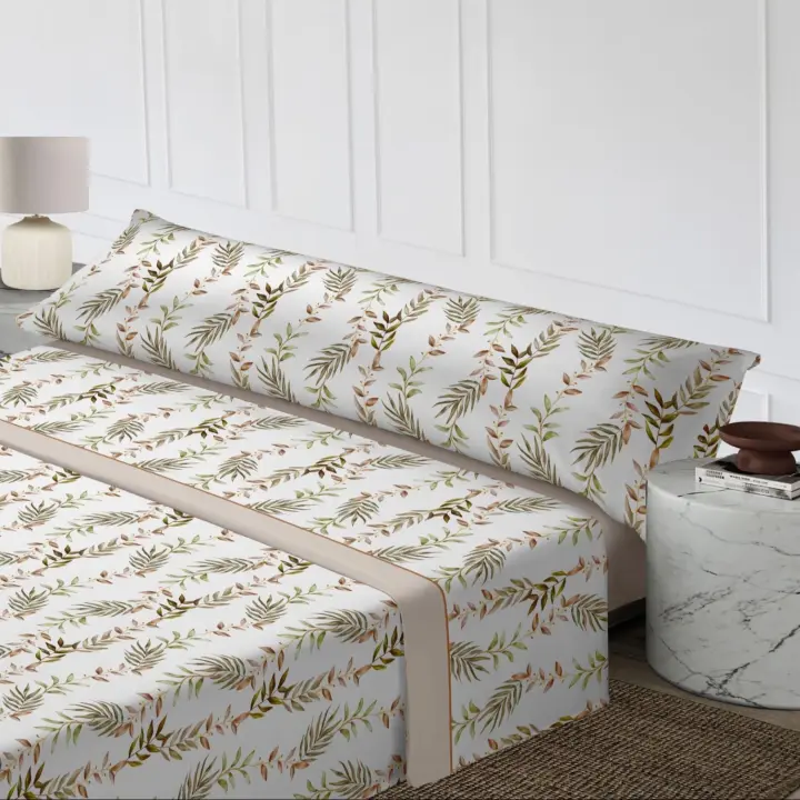 Juego de Sábanas 3 Piezas con Diseño Tropical de Hojas Exóticas - Estampado Botánico Relajante | Incluye Sábana Ajustable Elástica, Colcha Fresca + Funda de Almohada  | Tallas 90cm (Individual), 105cm (Matrimonio), 135cm (Queen), 150cm (King), 180cm (Supe - 1