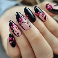 24 Piezas De Arte De Uñas Con Armadura Fondo Negro Misterioso Y Rosas Rosa Flores Flexibles Presión De Uñas Postizas Material RESIN - details 0