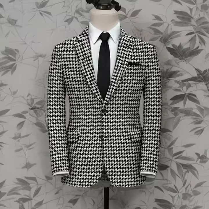 Chaqueta De Traje American Style Para Hombre Con Patacas Y Cuello En Notch Slim Fit Houndstooth Para Boda Y Fiestas Elegante Y Casual - 1