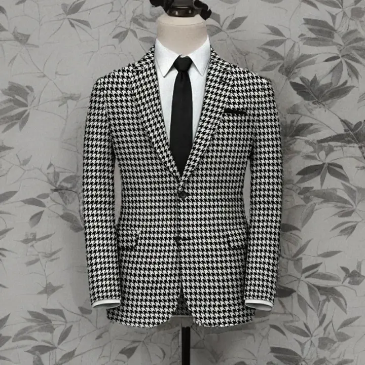 Chaqueta De Traje American Style Para Hombre Con Patacas Y Cuello En Notch Slim Fit Houndstooth Para Boda Y Fiestas Elegante Y Casual - 1