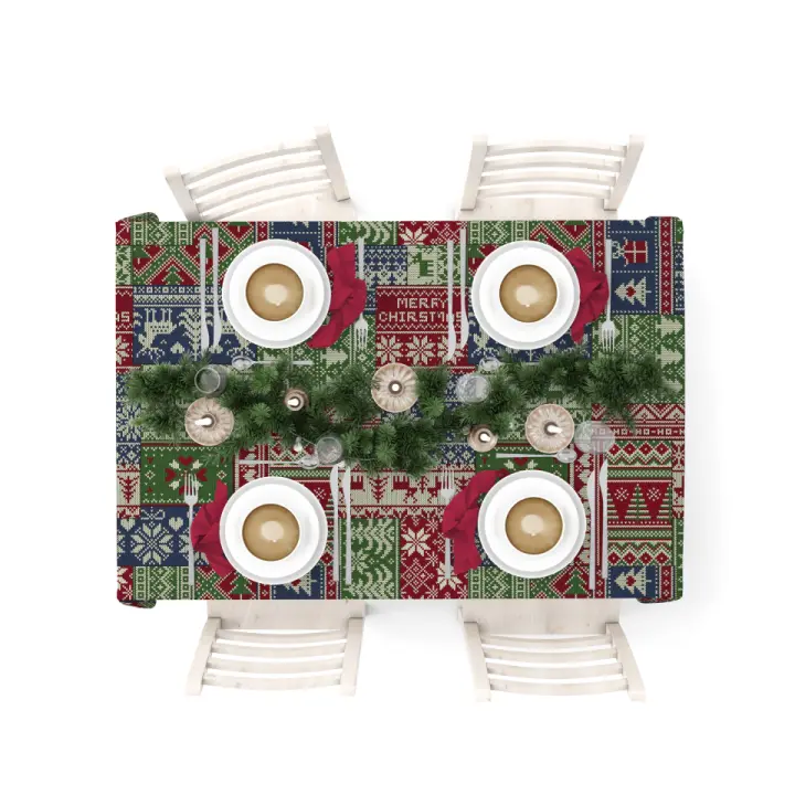 La fabrica de las telas-Mantel Navidad  motivos nordicos, jersey noruega, tela algodón loneta estampada, lavable, suave, tejido de calidad, cuadrado y rectangular.Decoración hogar, cocina, salon ,comedor, balcón. NOche buena, navidad, noche vieja. - 1