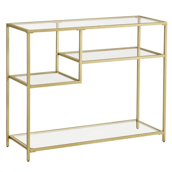 VASAGLE Mesa de Consola, Mesa Auxiliar, Vidrio Templado, Marco de Metal, con estantes, 35 x 100 x 80 cm, Moderna, para Pasillo, Sala de Estar, Color Dorado