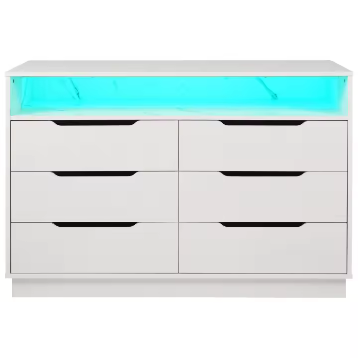 Aparador, Iluminación LED y Cajonera de 6 Cajones, Compart de Almacenamiento with Patrón de Mármol, Armario Moderno para Sala de estar y Dormitorio, 120x40x85 cm - 1