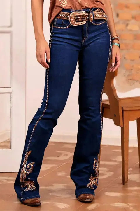 Jean De Mujer Estilo Cowgirl Bohemio Con Bordado Y Comodidad Elástica Mediana Ropa Occidental Para Mujer Pantalones Vaqueros Vintage Talla Medio Con Bolsillos - 1