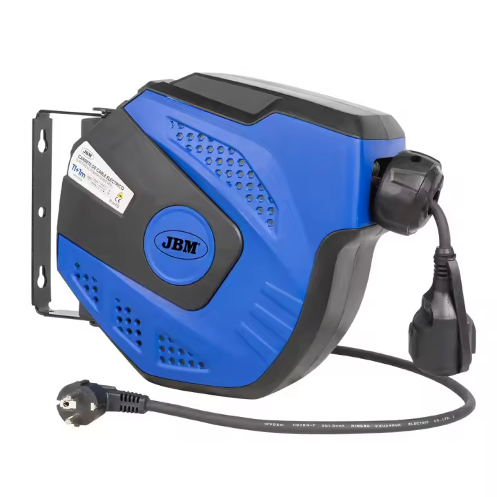 JBM 53526 Carrete de cable eléctrico de 12M - AZUL. Con repartidor. Bloqueador de cable. Con diferencial de protección de sobrecarga. Largo de cable: 11+1m. Voltaje: 230V. - 1