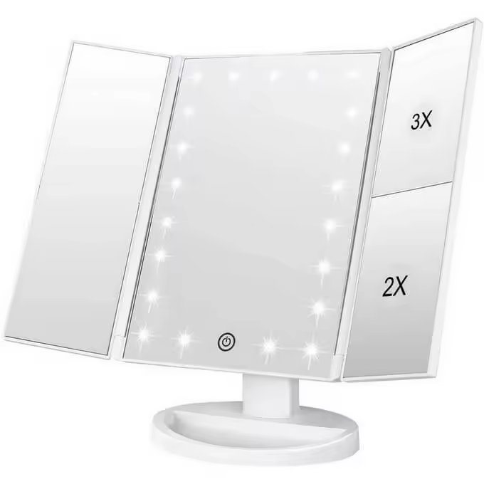 Espejo para maquillaje plegable con diferentes aumentos, luz led y base, variedad de colores - 1