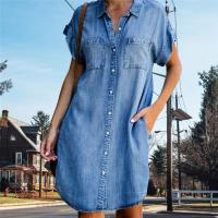 Vestido De Jean Desgastado Para Mujer Camisa De Densión Corta Con Mangas Botones Abajo Estilo Casual Túnica De Pierna Larga - details 2