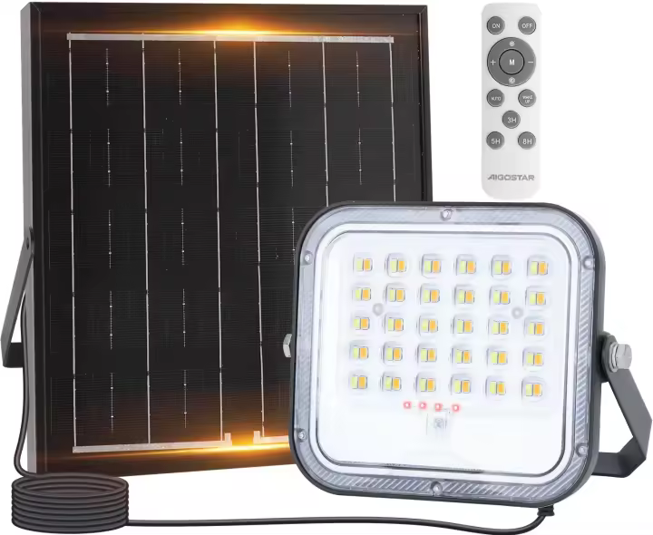 Aigostar Foco proyector LED solar con mando a distancia,4000mAH,gran panel solar y batería de gran capacidad,regulable 3000/4000/6500K,IP66,cable 2m - 1
