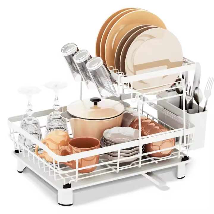 JUPPLIES Escurreplatos de 2 Niveles con Soporte para Utensilios Extraíble, Portavasos y Estante de Gran Capacidad - Escurridor de Platos con Boquilla de Drenaje Automático - 33x43x33cm - 1