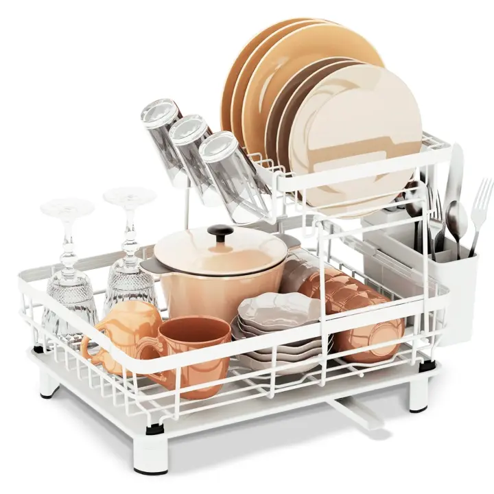 JUPPLIES Escurreplatos de 2 Niveles con Soporte para Utensilios Extraíble, Portavasos y Estante de Gran Capacidad - Escurridor de Platos con Boquilla de Drenaje Automático - 33x43x33cm - 1