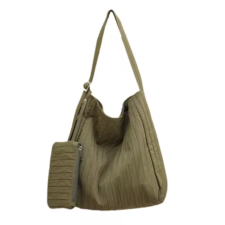 Bolso de Lona estilo Korean informal para Mujer, with Pequeño bolsito, plisado, a Rayas, Bandolera de gran capacidad, - 1