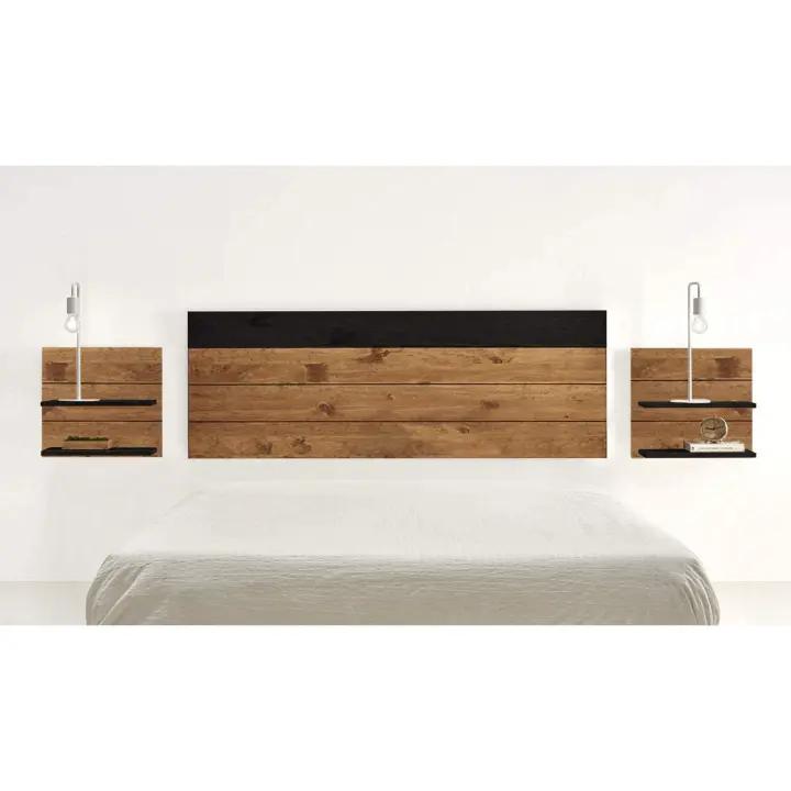 CAMA EXPRESS Cabecero Madera natural y negro + 2 mesitas con estantes | Combinado Madera Maciza Natural Encerado y Fondo Negro - 1