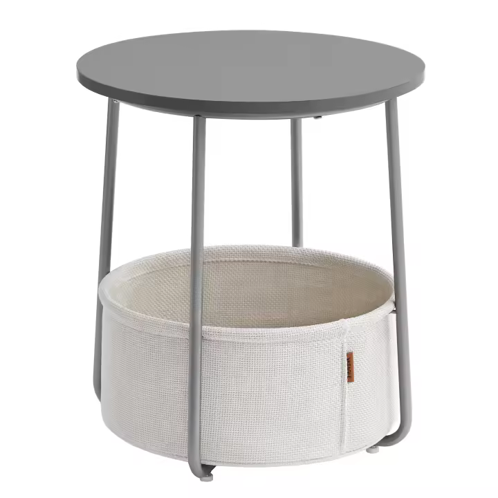 VASAGLE Mesa Auxiliar, Mesa Lateral Redonda con Cesta de Tela, Espaciosa, para Salón, Dormitorio, Mesita de Noche, Estilo Moderno, Blanco Mate y Marrón Camello/Azul Pálido y Azul Hielo/Beige Natural y Blanco Crema/Gris Cemento y Blanco Crema/Negro Ébano y - 1