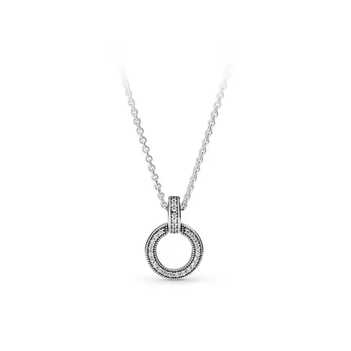 PANDORA Colgante y collar de doble anillo en plata 925 con circonitas transparentes - 1