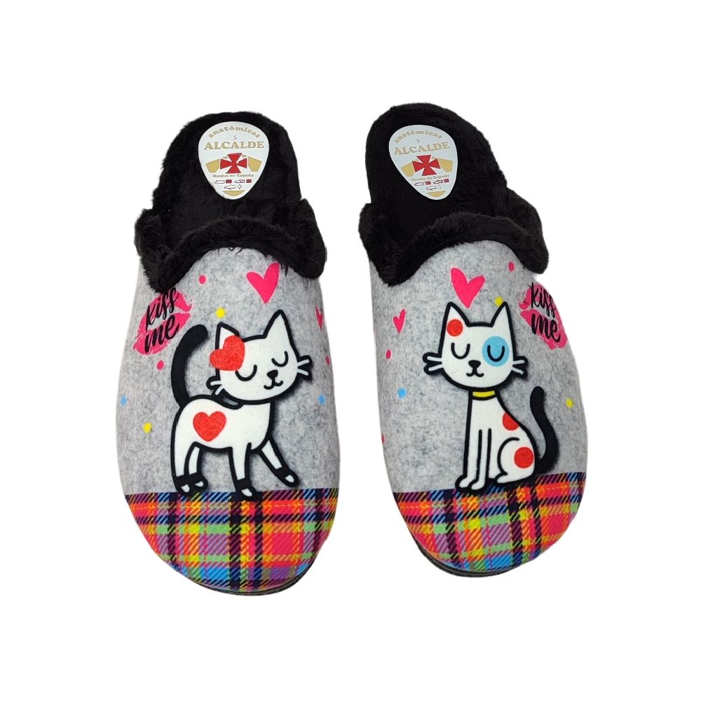 Zapatillas de Casa Mujer ALCALDE Tallas 35-41, Pantuflas Invierno Cálidas Diseño Gato "Kiss Me" Gris/Beige