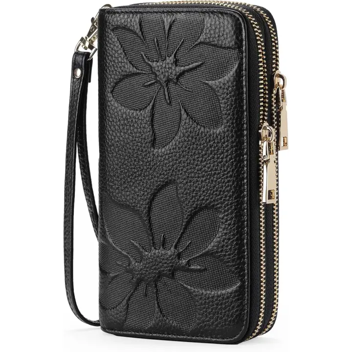 Cartera de mujer de gran capacidad con doble cremallera y tarjetero de cuero para mujer con bloqueo RFID, monedero para teléfono, color negro - 1