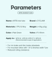 Tubo Interno De Bicicleta Ultraligero Para Montaña MTB 26 27.5 29 Pulgadas Material TPU Válvula Francesa De Metal Antioxidante CYCLAMI - details 3