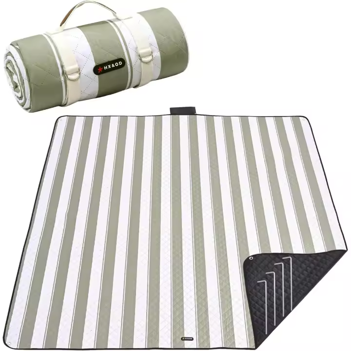 Manta de picnics para Exterior, extragrande, impermeable, Con estacas, Plegable, portátil, Con Correa de Transporte para Playa (Green y Blanco, 80x60 capas) - 1