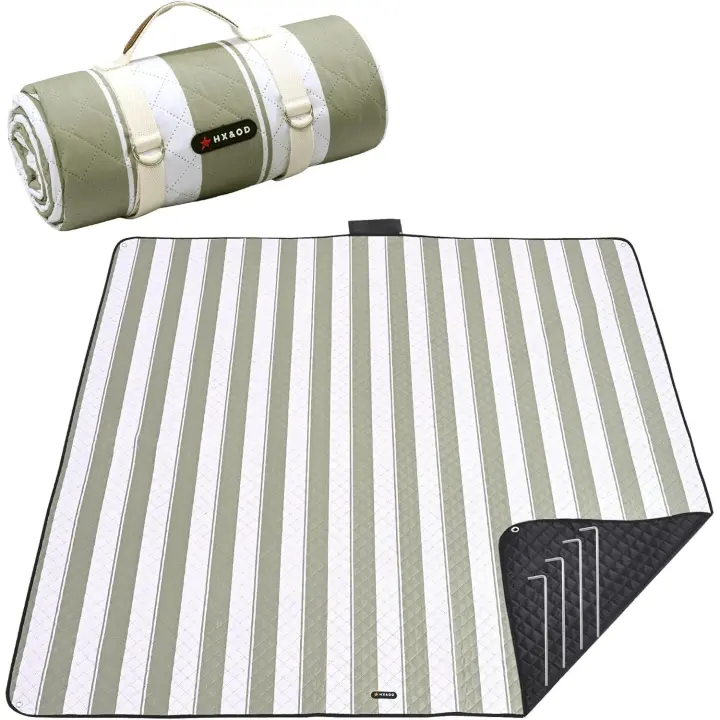Manta de picnics para Exterior, extragrande, impermeable, Con estacas, Plegable, portátil, Con Correa de Transporte para Playa (Green y Blanco, 80x60 capas) - 1