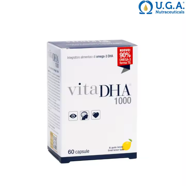 VitaDHA 1000 Omega 3 en Forma de Trigliceridos (60 Cápsulas)-500 mg de DHA por Cápsula-Suplemento Omega 3 Certificado por IFOS y Friends of The Sea, libre de Metales Pesados-Sabor in Limón - 1