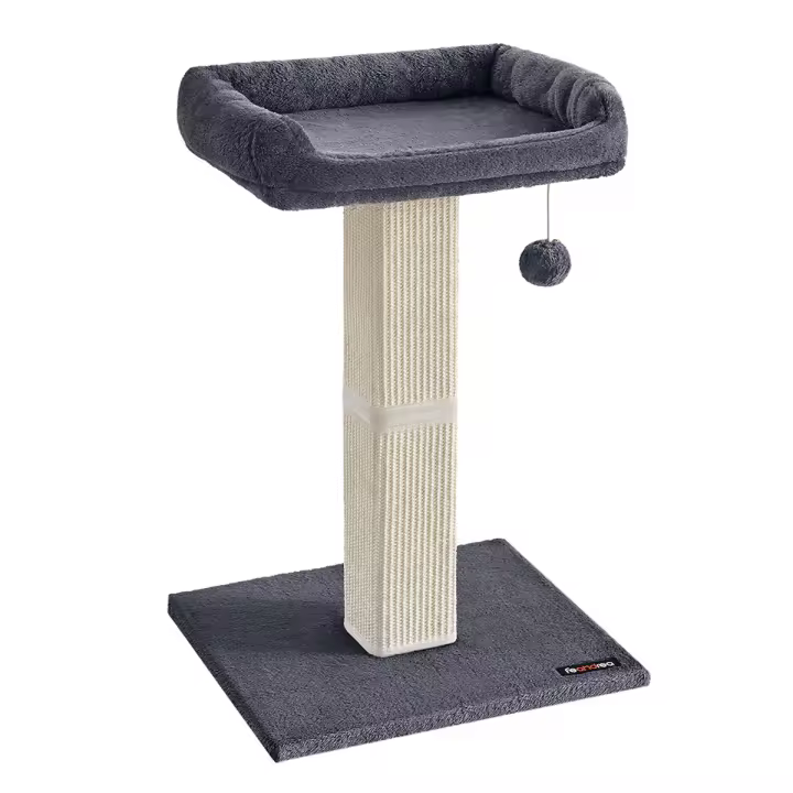 FEANDREA Rascador para Gatos, Poste de Rascado con Plataforma de Tela de Felpa de 40 x 30 cm, Árbol para Gatos, Altura de 68 cm, Poste de Sisal, con Pompón, Gris Claro/Gris Oscuro - 1
