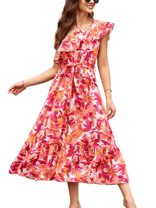 Nuevo Vestido Bohemio Para Mujer Verano 2025 Sin Mangas Hombro Solo Cintura Elástica Volantes Siluetas A-Line Cuello Diagonal Talla Suave - 1